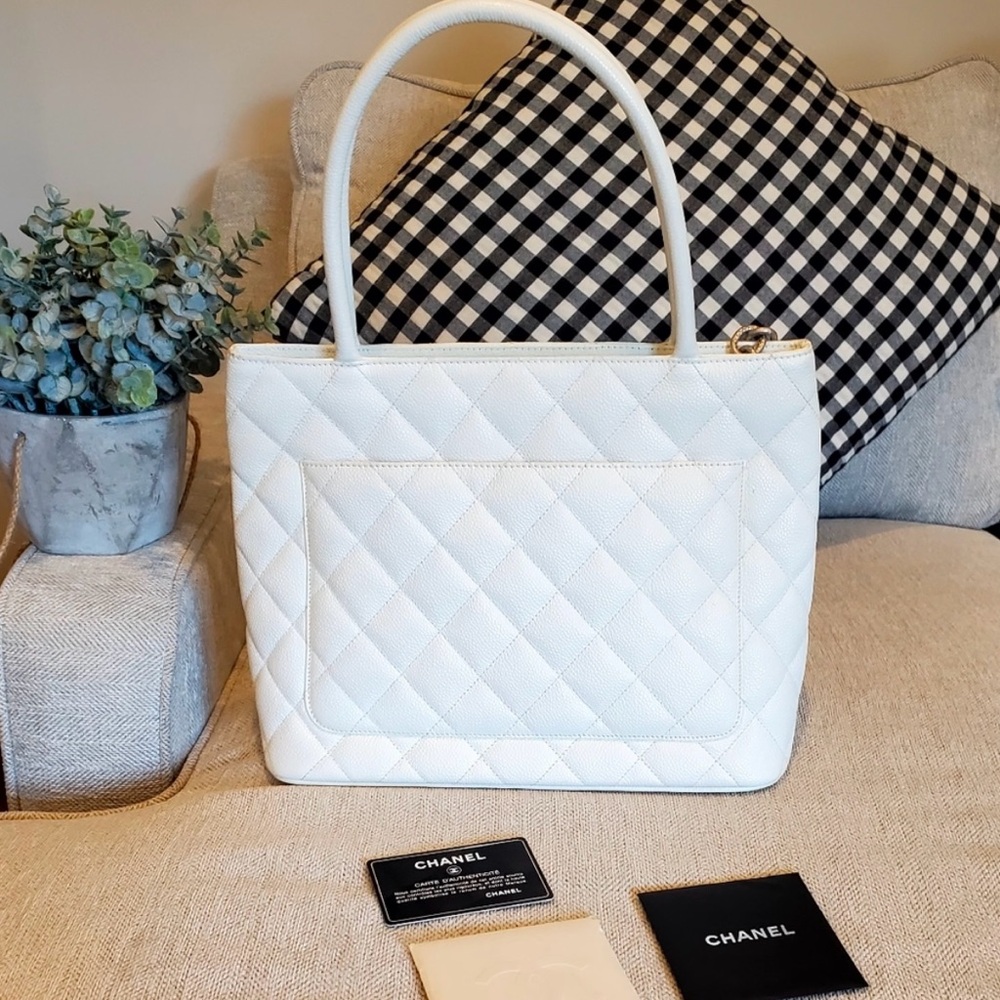White Chanel medallion Tote with dust bag and original cards ~ 12” x 10” x 5.6” - Picture 2 of 9